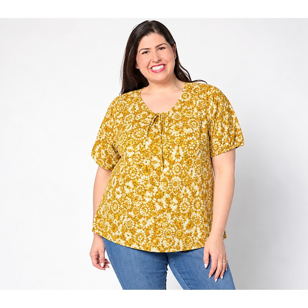 AnyBody Ruched V-Neck Short Sleeve Printed Knit Top Gold, Small